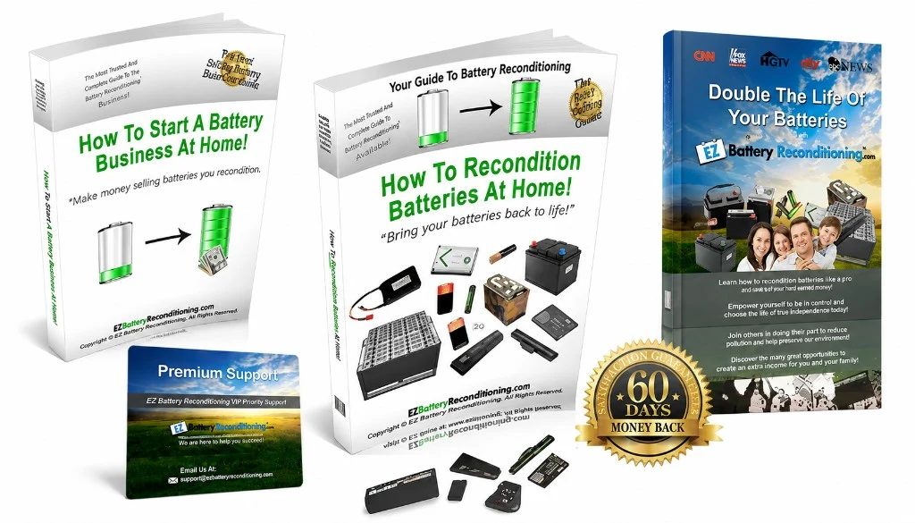 EZ Battery Reconditioning program bundle — main guides, Frank's Battery Business Guide, Double The Life mini-course, premium support, and 60-day guarantee