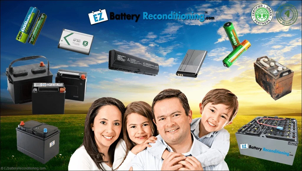 What is EZ Battery Reconditioning — family with car, laptop, AA, AAA, and industrial batteries reconditioning program