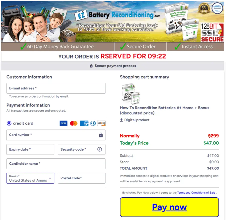 EZ Battery Reconditioning secure ClickBank checkout order page